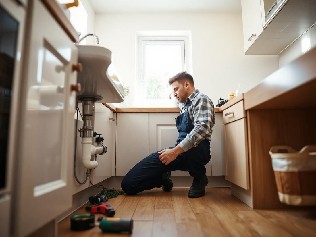Professional plumber working under a kitchen sink